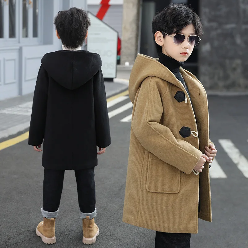 

2023 Autumn Winter Boys Wool Coat Mid-Length Solid Color Fashion Single Breasted Hooded Windbreak For 4-14Y Kids Handsome Parka