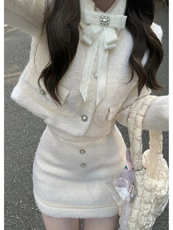 

Warmth Lamb Fur Set High Waist Wrap Skirt Knot Coat Two Piece Set Winter Faion Outerwear Fem ort Length Butt...