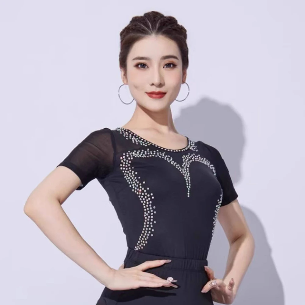 short sleeve dance dress Latin Salsa Dance Dress Cinch Cord Women's Performance Short Sleeve Crystal Cotton Ice Silk Black