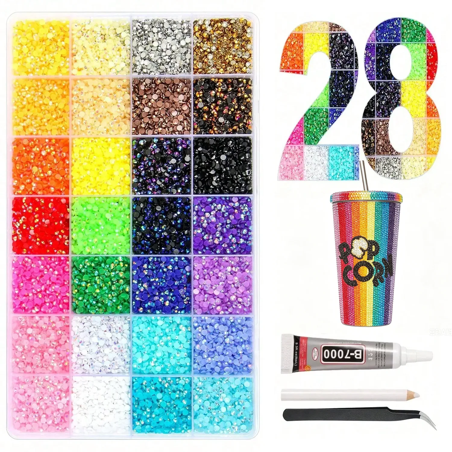 28Colors Flatback  Resin Jelly Rhinestones Kit with B7000 Jewelry Glue,All-in-One Bedazzling Kit for DIY Arts & Crafts Gifts