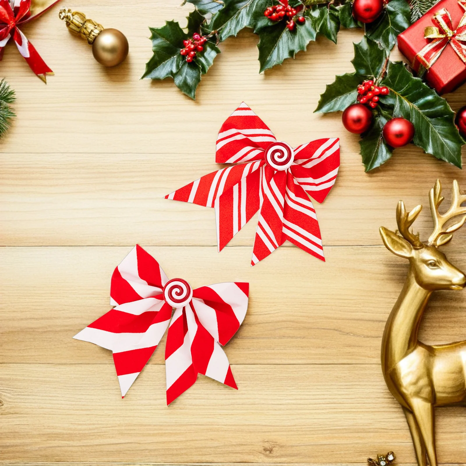 

6pcs Large Christmas Bows, Xmas Tree Ornaments, Red Candy Cane Stripe Design Christmas Bows, For Holiday Mailbox, Mantel Garland
