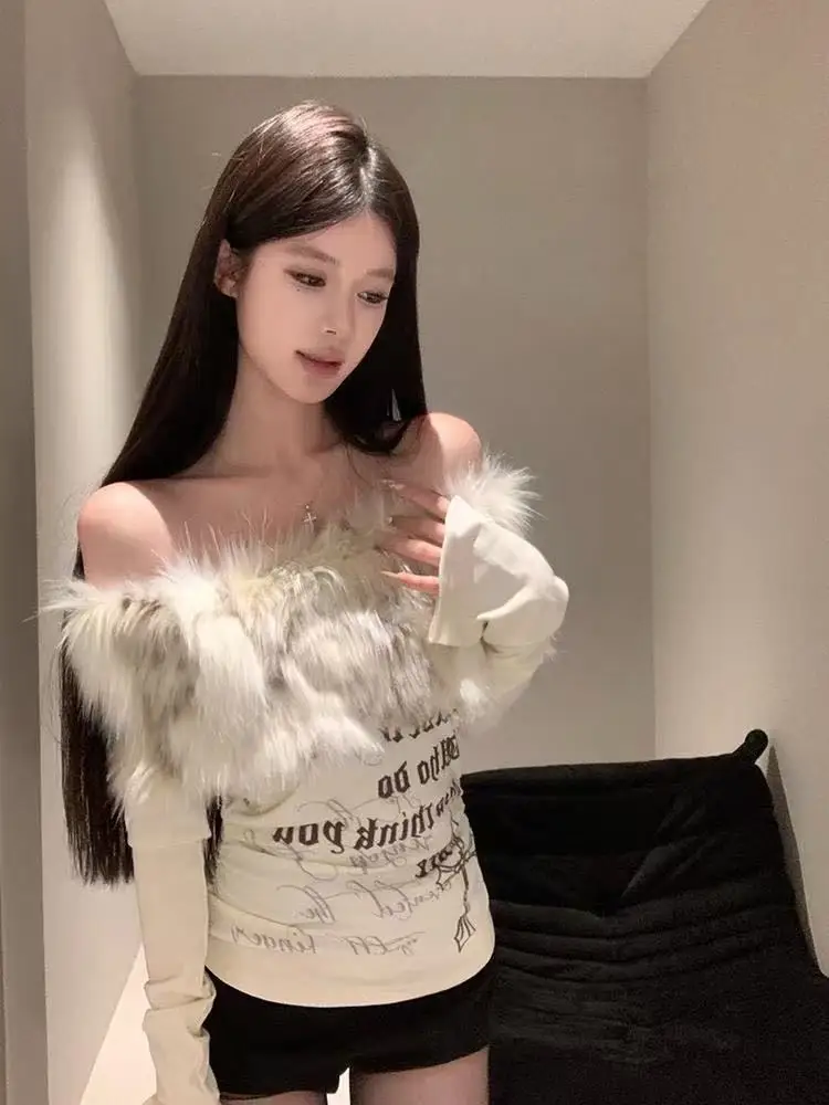 Y2k Vintage Harajuku Fur Collar Off-the-shoulder T-shirt Goth Women's Long Sleeves Top Grunge Aesthetic Slim Sexy Tees T Shirt