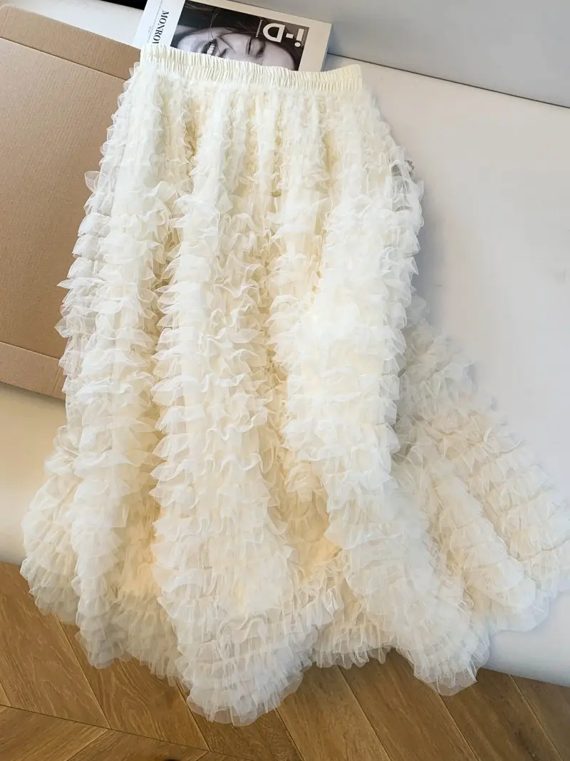 

Heavy Embellied Cake Skirt f-length Women's Sle Floral Netting High-waisted Casual Spring Season Mid-length Skirts