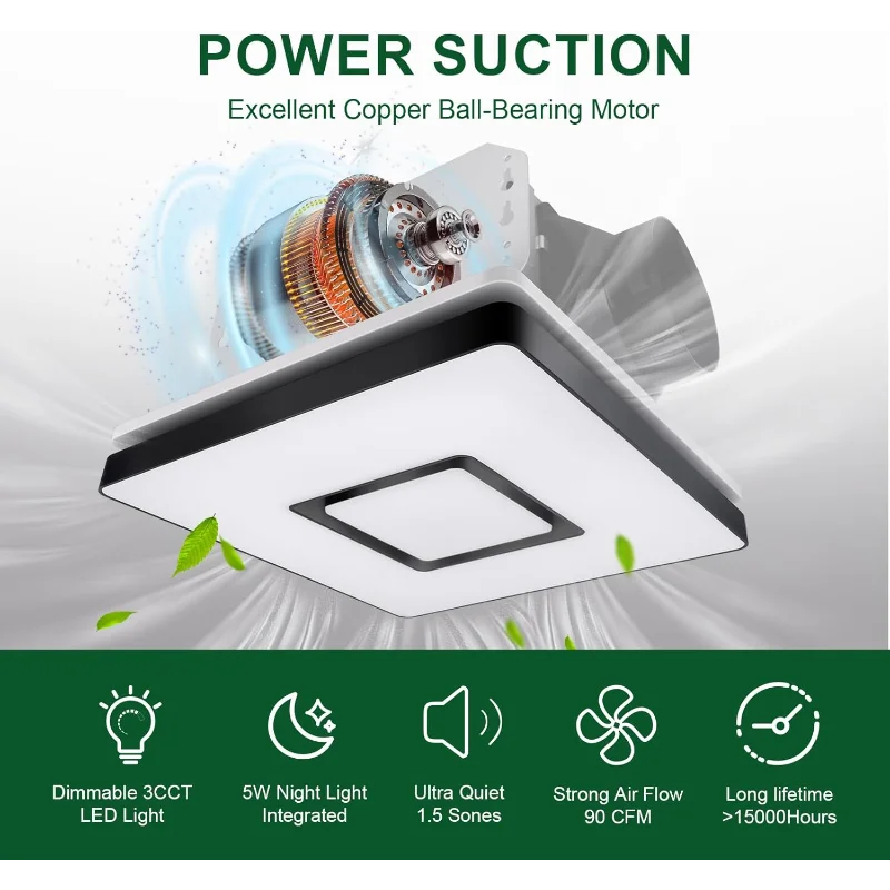 مروحة عادم Akicon مع مجموعة إضاءة، 90 CFM، 1.5 Sones، إضاءة LED 3CCT قابلة للتعتيم بقدرة 15 وات مع ضوء ليلي 5 وات، تهوية للحمام