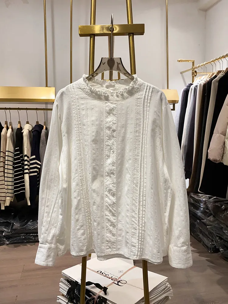 

Men's Unique Retro Ruffled Collar Pleated Embroidered Floral Long Sleeve Shirt Casual Loose Elegant Versatile Top