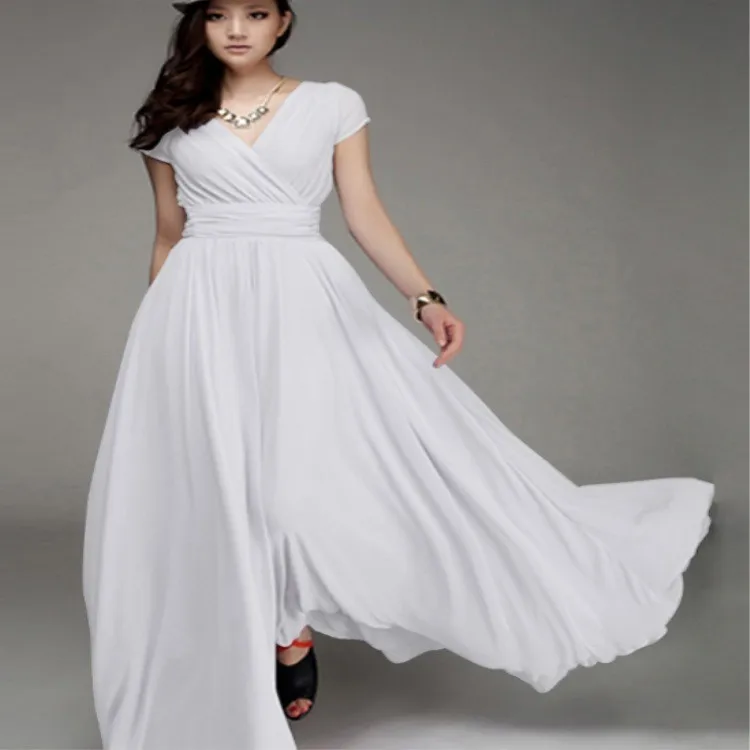 A34 V-neck short-sleeved chiffon waist dress evening dress