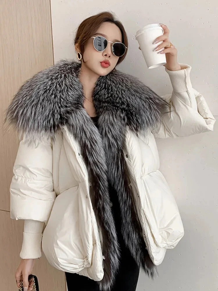 Real Fox Fur Collar Winter Coat Women Thick Warm Knit Sleeve 90% White Duck Down Jacket Fashion Puffer Outerwear Female Jacket