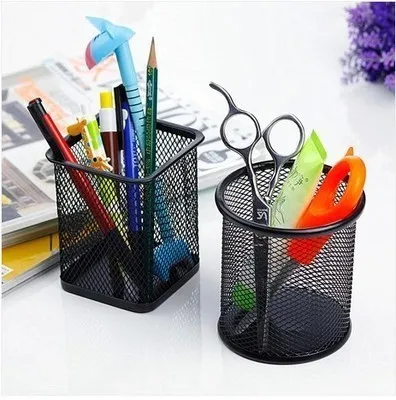 Iron pen holder hollow desktop storage bucket Student stationery multi-functional office black color round square pen holder