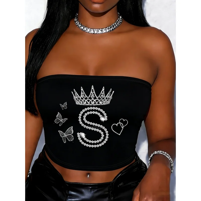 Rhinestone Crown Letter S Butterfly Heart Print Tube Top Women Y2K Hip‑Hop Strapless Black Cropped Bandeau Top