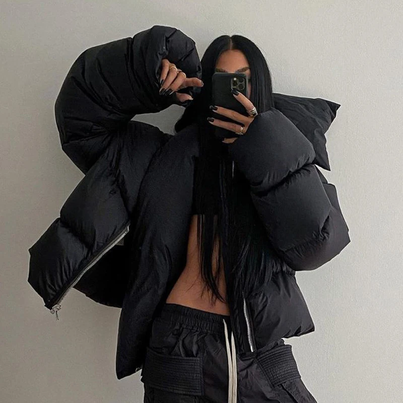 OMSJ 2026 New Arrivals Cotton Padded Parka Coat Trendy High Collar Warm Thick Zipper Loose Puffy Jacket Outwear Women Streetwear