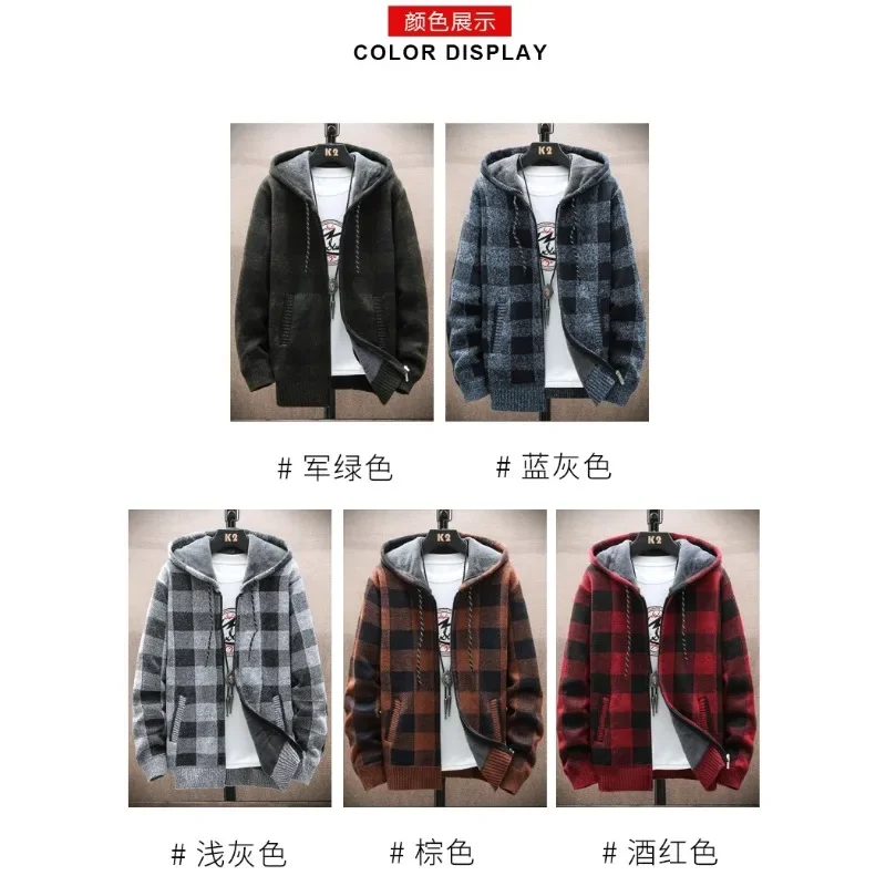 

Men's New Winter Plaid Sweater Hooded Cardigan Cold Coat Wool Zipper Jacket Autumn Fleece Warm Clothes Checkered Knit Jumper