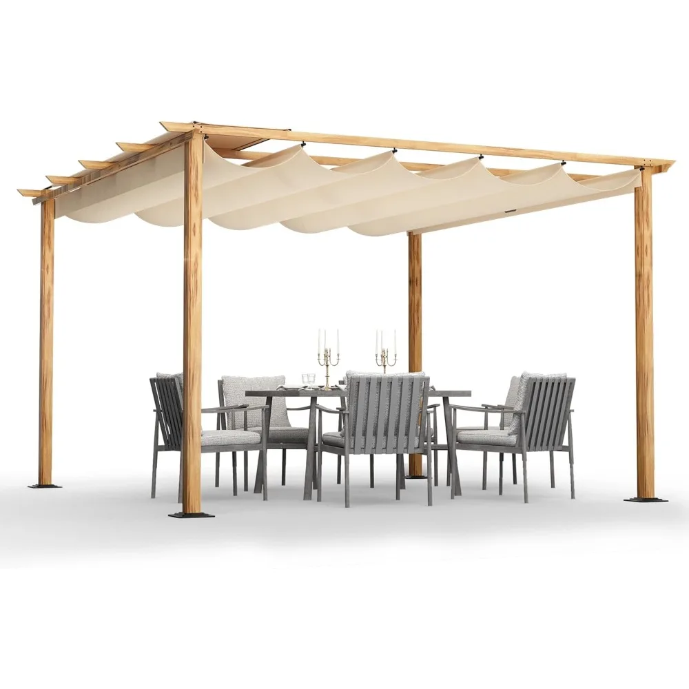 ' Retractable Pergola Canopy for Backyard, Garden, Patio; Woodgrain-Look Aluminum Pergola with Retractable Cano