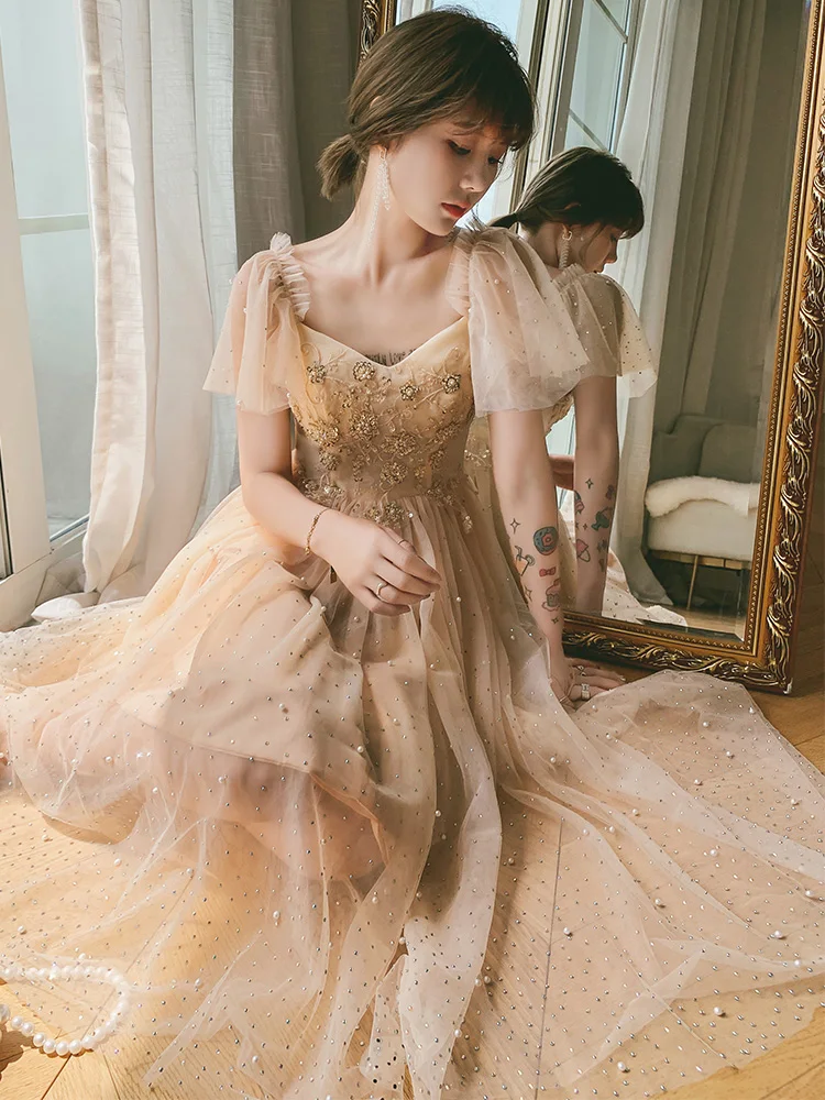 

Champagne Color Birthday Evening Dr Ele Midi Length Wedding Dr for Women Luxury mat High-End Ladies Gown