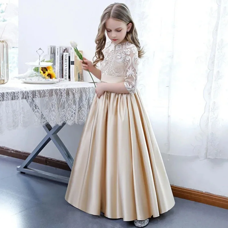 Champagne color Satin Girl dresses Lace appliques bespoke elegant long skirt kids formal occasion birthday party evening gown