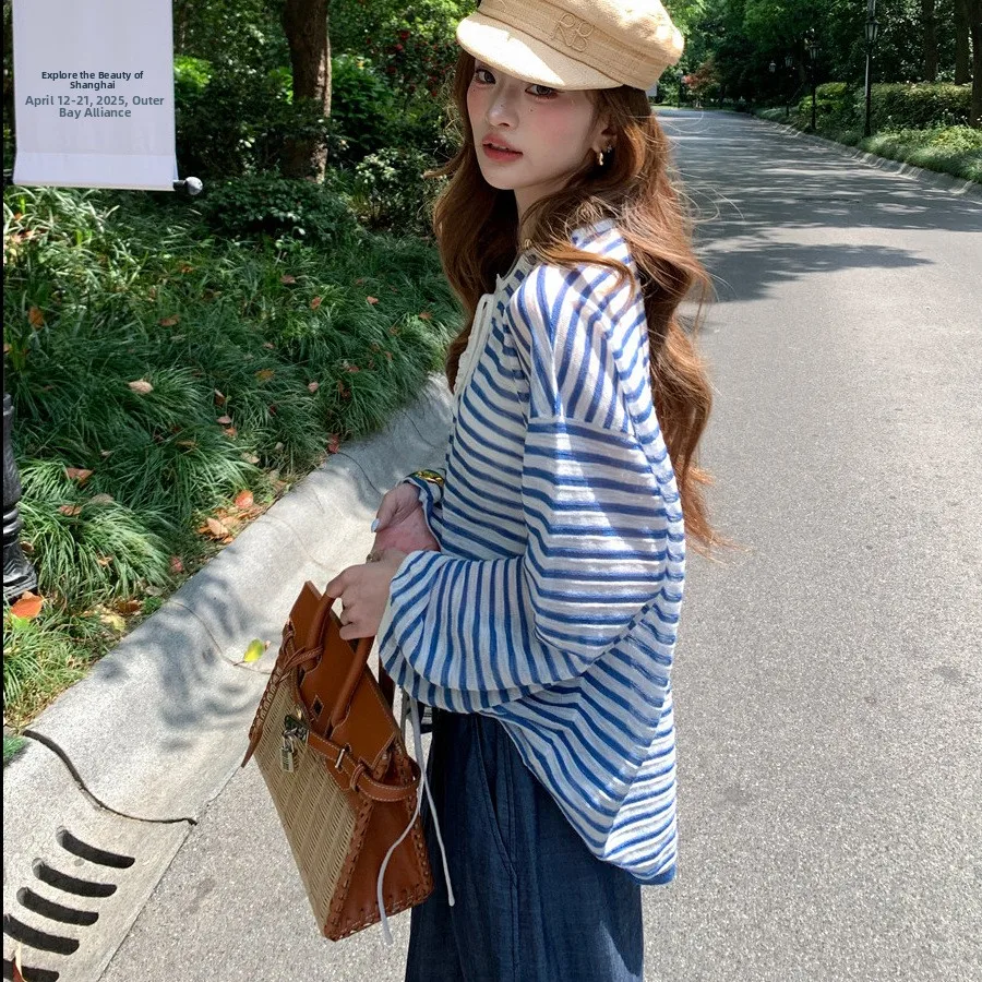 Blue Striped Long Sleeve T-Shirt Women's Loose Feeling Sun Protection Cover up Top Casual Style Commute Suitable Youth Fashion