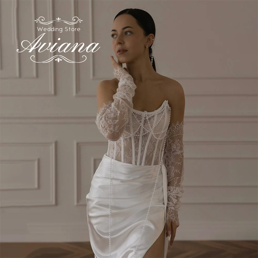 아비아나 맞춤형 스트랩리스 레이스 자수 머메이드 웨딩드레스 하이 슬릿 슬리브리스 러플 진주 비딩 스트레인 보트넥