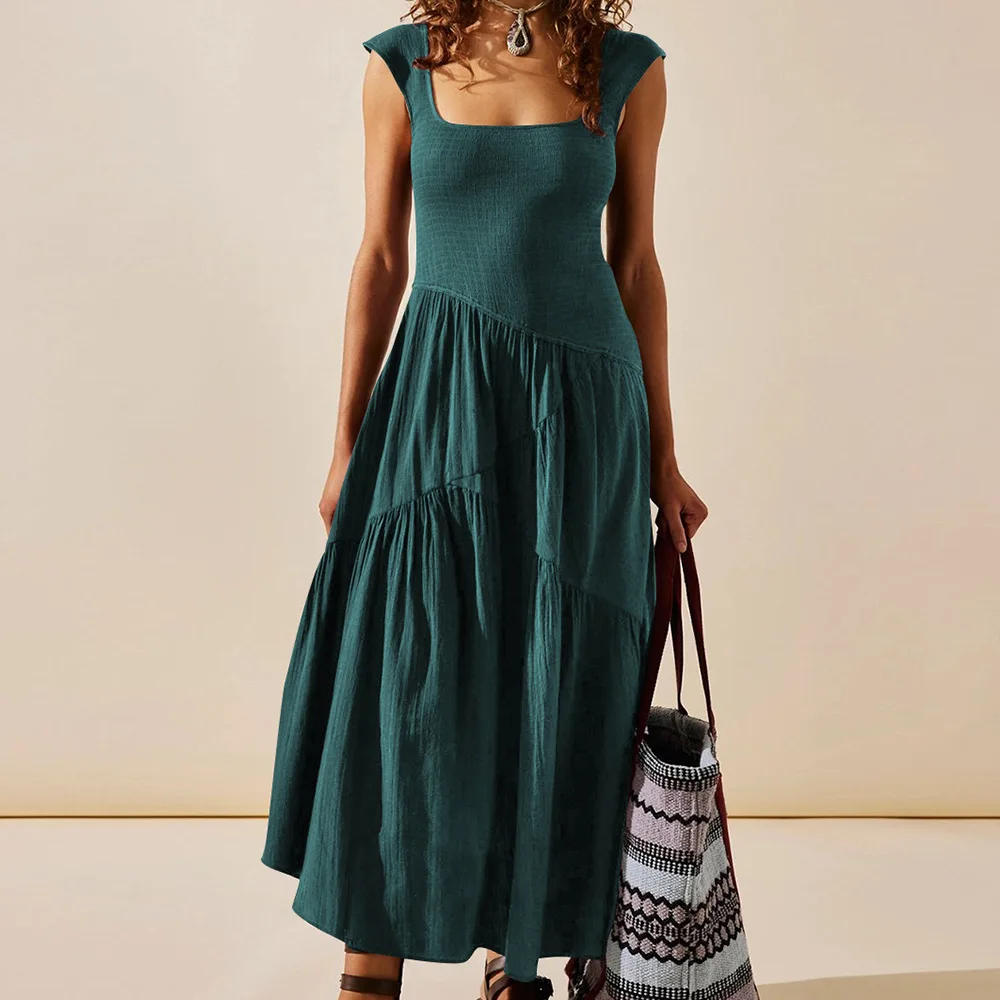 Fashion Sexy Stitching Backless Bohemian Women Dress Sleeveless U-Neck Long Strap Beach Vacation Dress Elegant Summer Vestidos