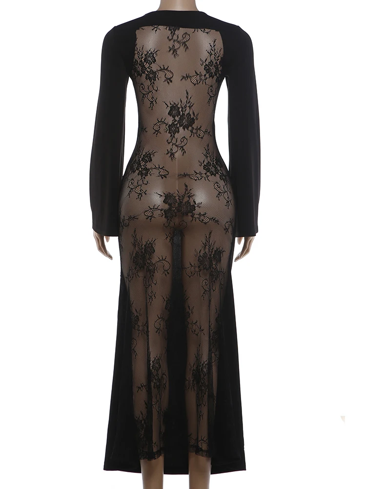 Weird Puss Spitzen-Patchwork-Kleid Damenmode Einfaches O-Ausschnitt Puffärmel Stretch Trend Elegantes Bankett-Party-Club-Langes Bodycon-Kleid – Detail 6