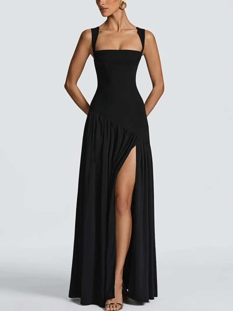 FDYOUI Chic Sleeveless Solid Cocktail Dress for Women Spaghetti Strap Bandage High Slit Long Gown Formal Occasion Prom Dresses