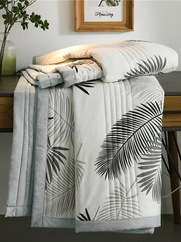 Summer Washed Cotton Quilt Air-conditioning Comforter Soft Breathable Blanket Thin Leaf Print Bedspread Bed Cover Home Textiles