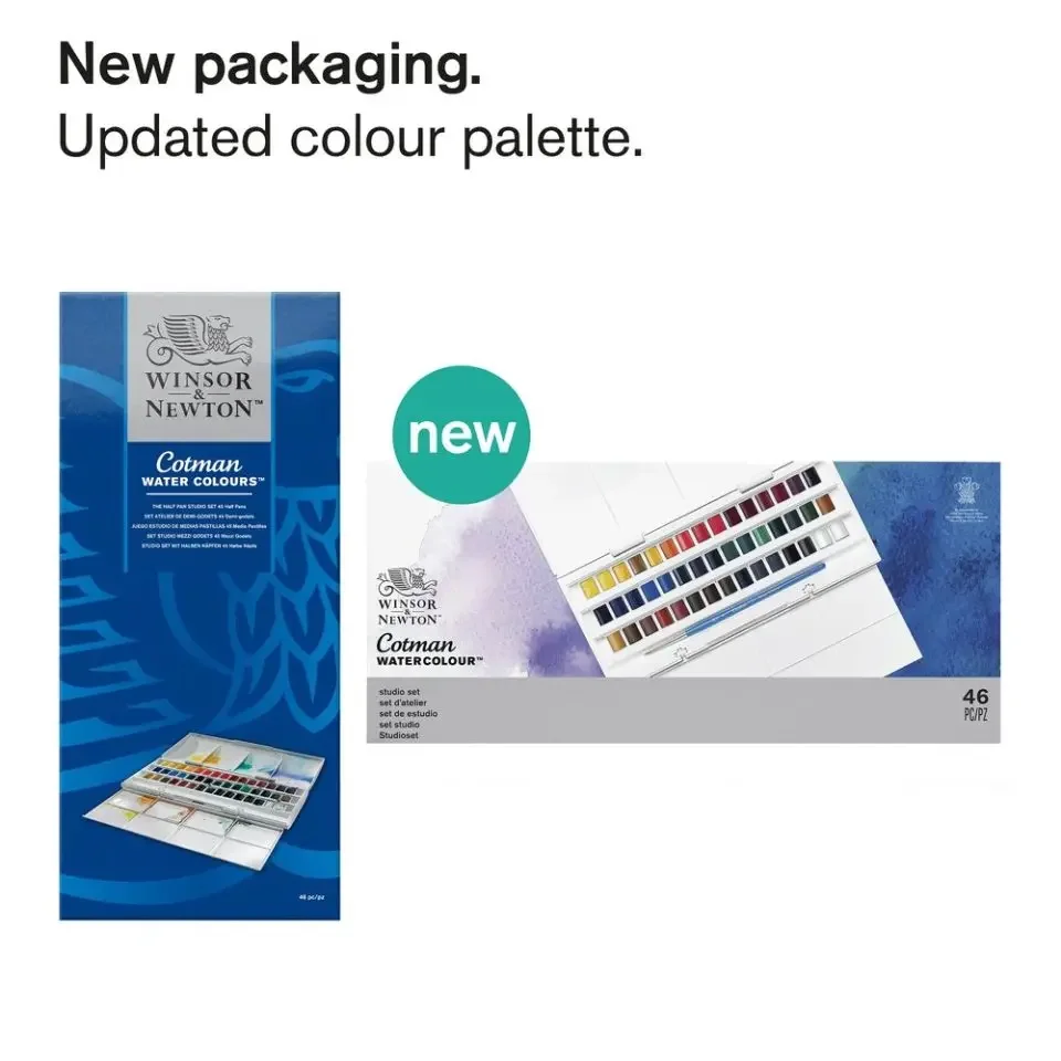 Winsor&Newton Cotman Watercolor Paint Set Studio Set 45 Half Pans with Painting Brush Palette Artists Portable Drawing Supplies