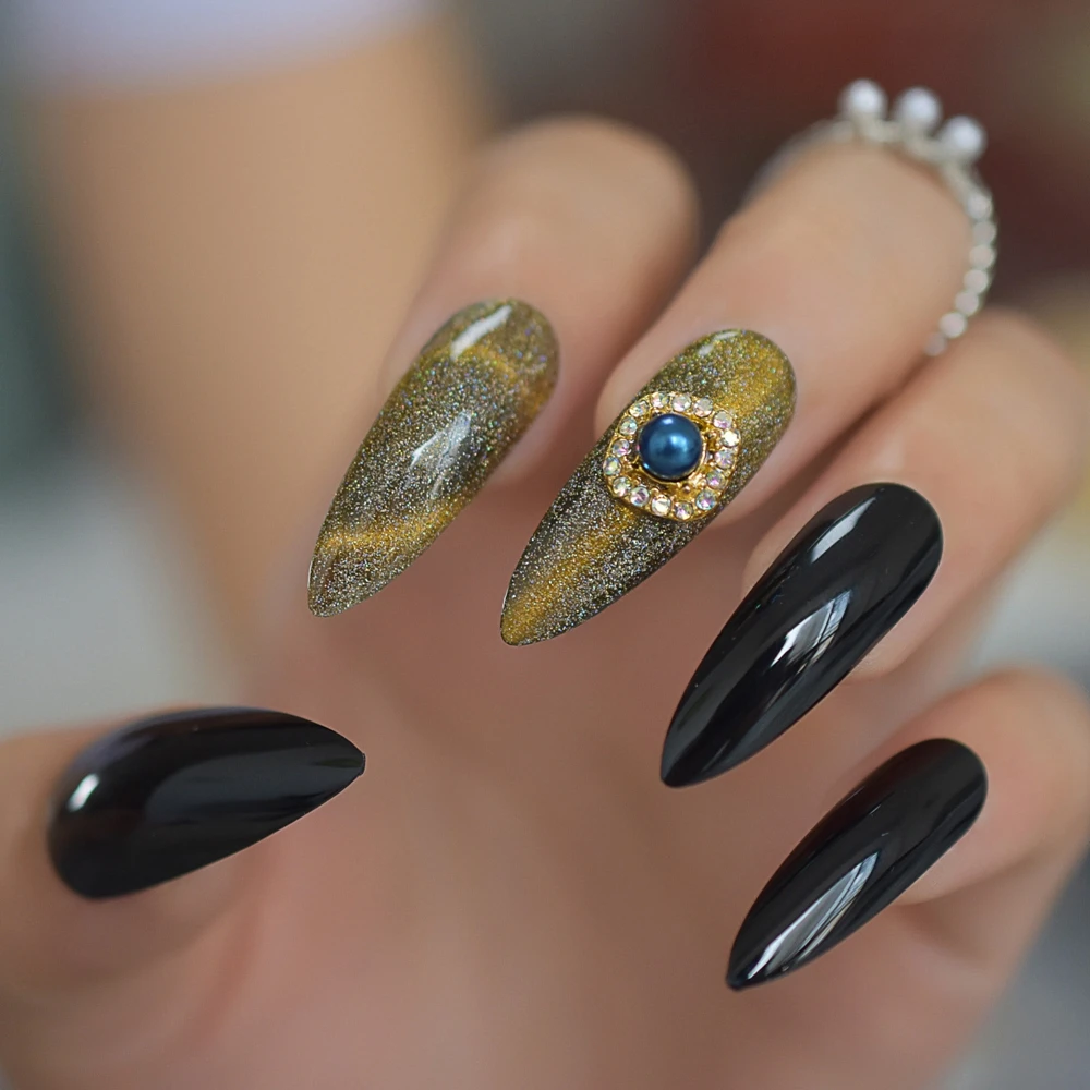 Fashion Cat Eye 3D Luxe Jewelry Gems Stiletto False Fake Nails Extra Long Press on Party Finger Wear Star Shimmer Starry Style