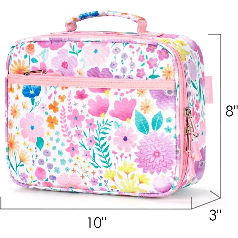 Insulated Lunch Bag for Girls, Reusable Kids Lunch Box with Flower Pink Design, Water-Resistant 900D Polyester, Easy Clean view 4