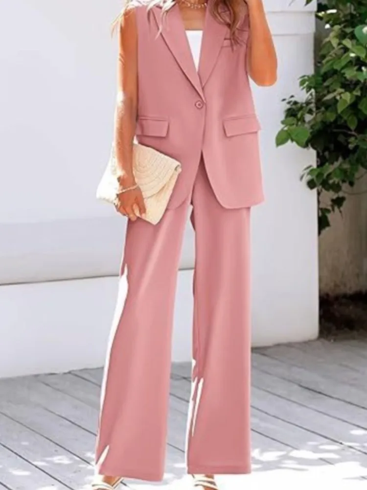 ผู้หญิงที่สง่างามชุดสองชิ้นชุดเสื้อกั๊กกางเกงชุดฤดูร้อนใหม่คอวีแขนกุดเสื้อสูท + กางเกงขากว้างชุดชุดหญิง