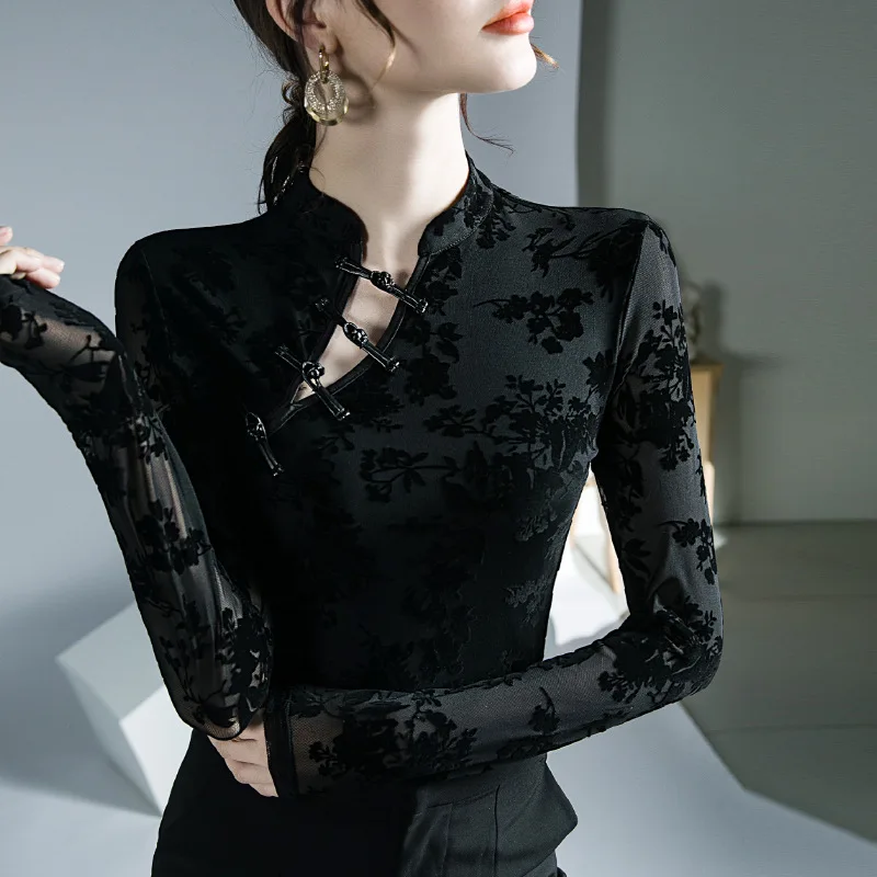 

2025 new autumn Women Lace bottom T Shirt Thin Long-Sleeved Female see-through Blouses Temperament Mesh flowers Elastic Top Lady