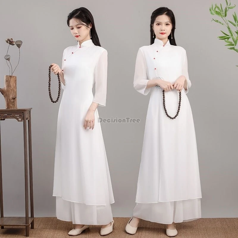 2024 chinese style zen tea garment vintage daily improved vietnam aodai qipao dress leisure fairy gentle chiffon cheongsam set