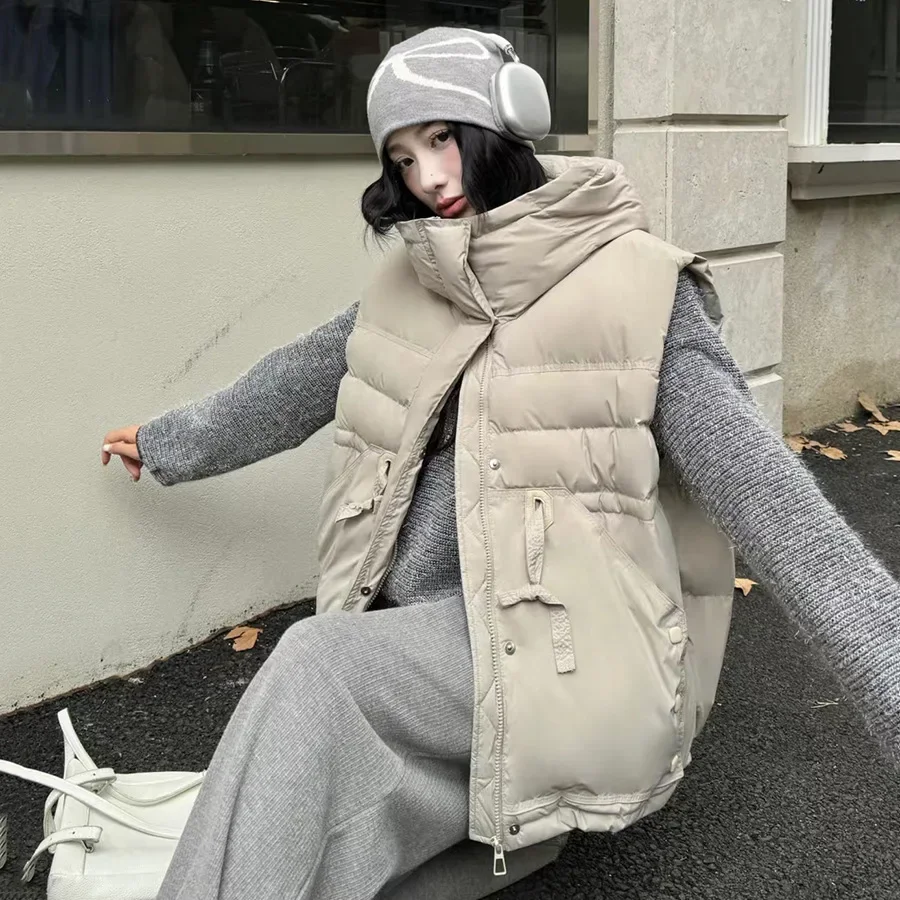 

2025 Autumn and Winter Women's Down Vest Commuting Hooded Oversized Goose Down Vest