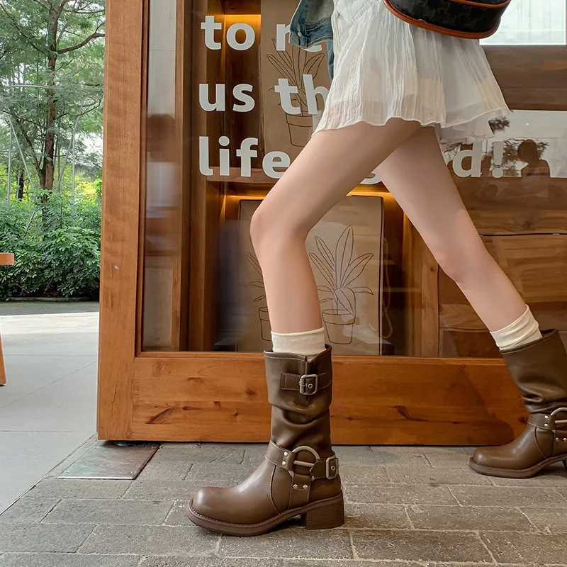 Real Soft Leather Western Cowboy Boots Belt Buckle Pile Pile Boots Mid-calf Women's Knight Boots Martin Boots Women's Boots