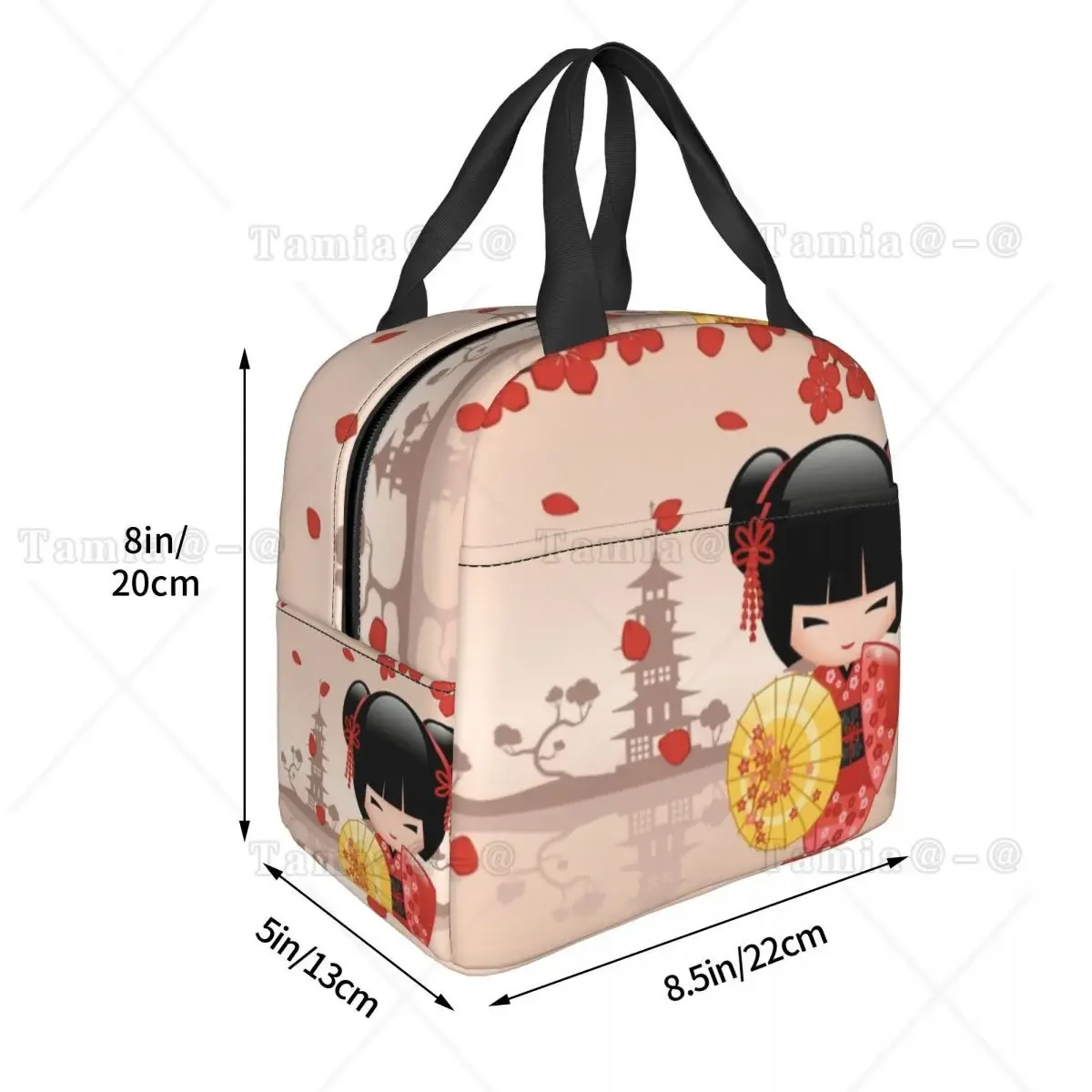 Japanese Red Sakura Kokeshi Doll Insulated Lunch Bag for Women Resuable Cute Girly Cherry Blossom Thermal Cooler Lunch Box