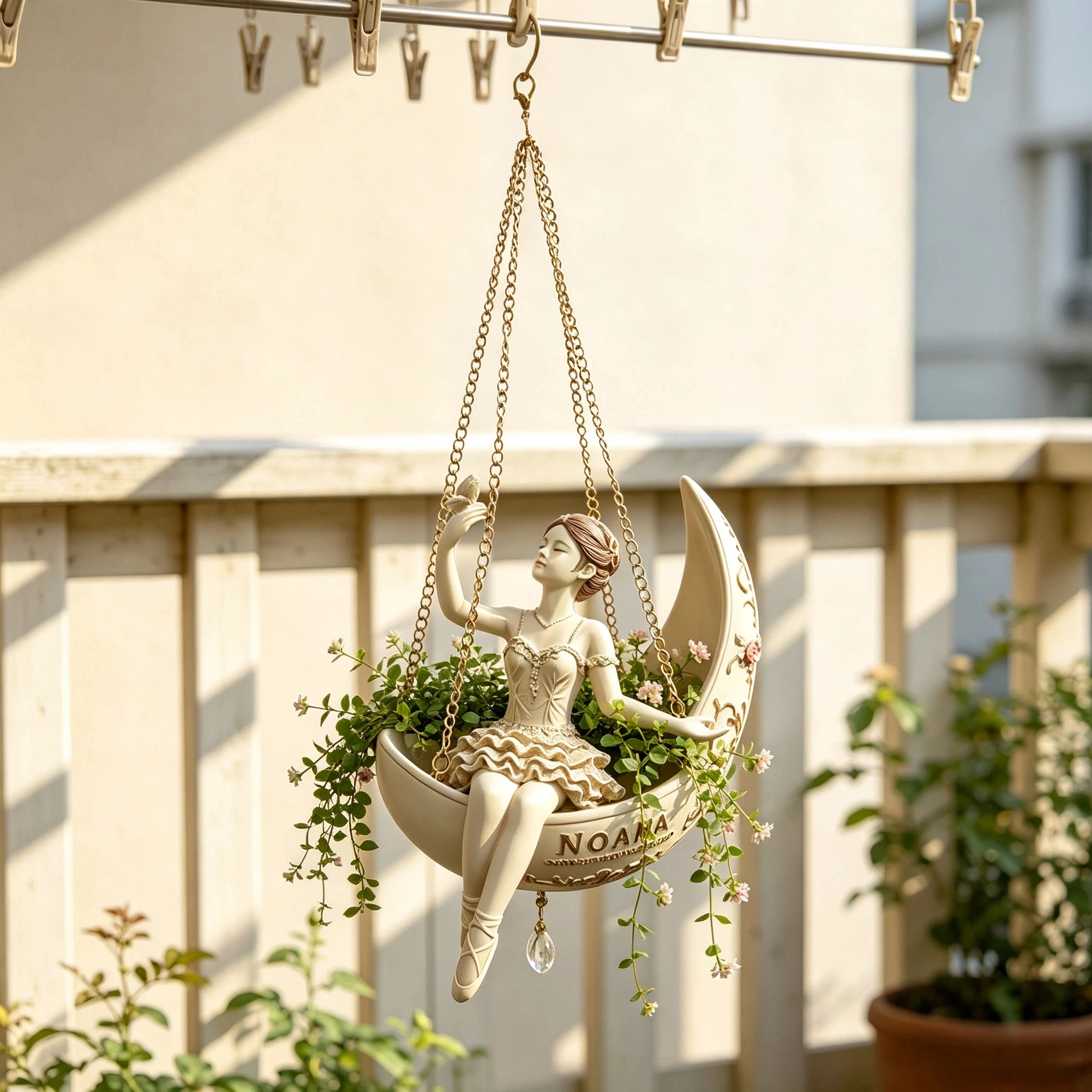 Ballet Girl Crescent Swing Hanging Flower Pot, Resin Statue Hanging Planter, Indoor Balcony Wall Hanging Flower Container, Courtyard Garden Trellis Decorative Hanging Ornament, Entryway Bay Window Wall-Mounted Green Pl