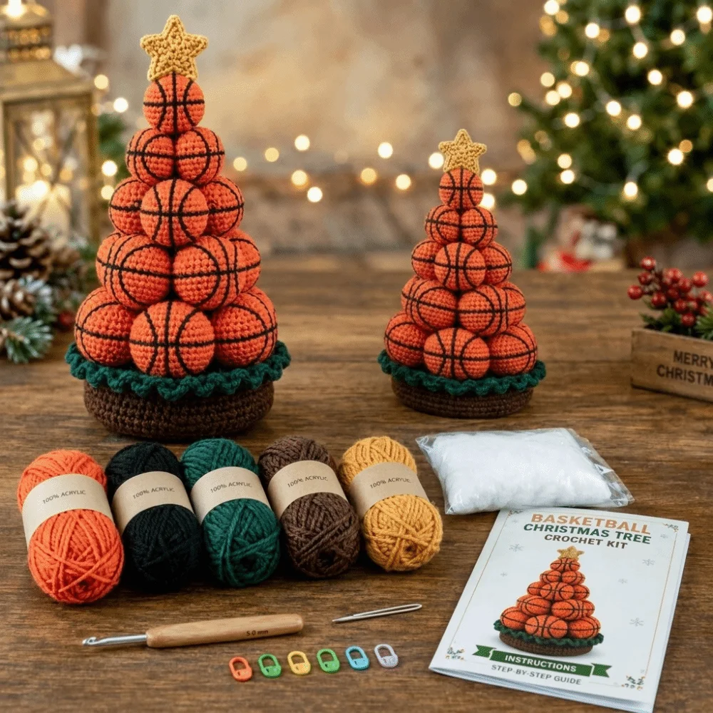 3D Crochet Christmas Tree Kit Handmade Basketball Knitted Christmas Tree Craft Set Baseball Beginner-Friendly