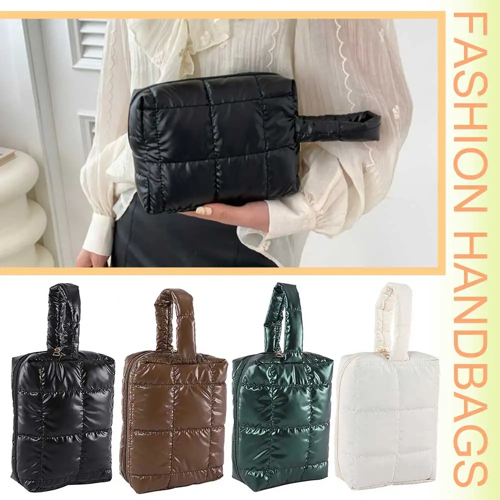 Borsa per il trucco trapuntata da donna borsa per cosmetici borsa per cosmetici portatile di grande capacità con manico borsa da toilette in tinta unita