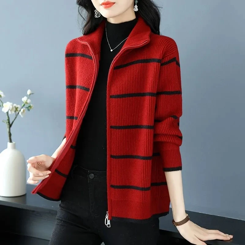 Sweater Rajut Wanita Bergaris Kerah Temperamen Musim Semi Gugur 2025 Baru Kasual Cardigan Resleting Sweater Wanita Jaket Rajut Resleting