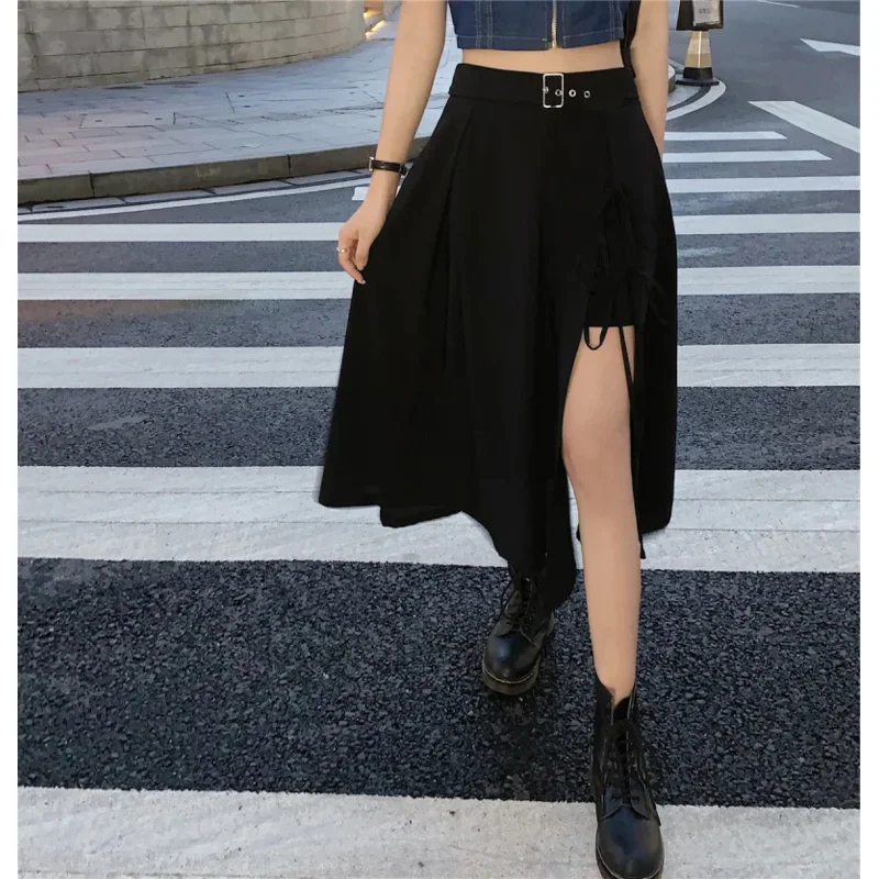 Vintage Dark Gothic High Split Mid-Calf Skirts Women Elegant Fashion Party Club High Waist Femme Bottom Streetwear Goth Skirt