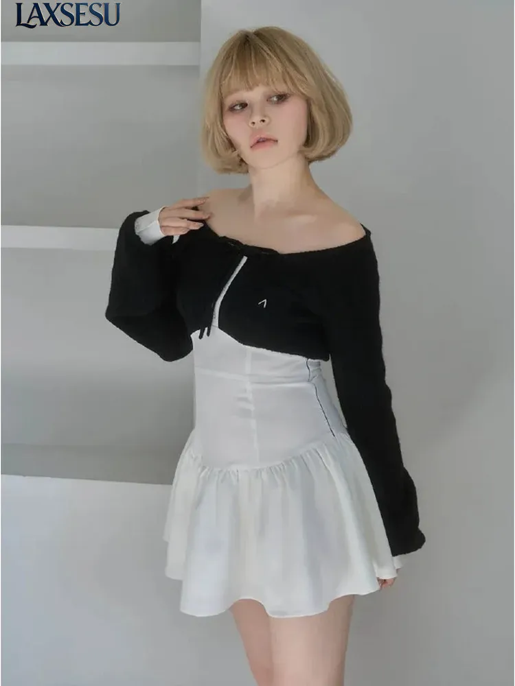Original Niche Design Autumn New Item Fake Two-piece Splicing Waist Cinching and Revealing Versatile Dresses for Women