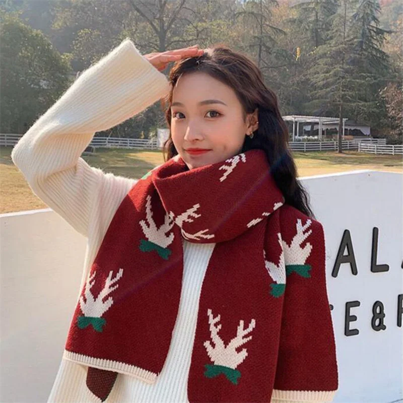 Christmas Scarf Women Fashion Warm Fawn Woolen Knitted Scarf Double-Sided Scarf Festive Red Dark Green Lovely Scarves Shawls