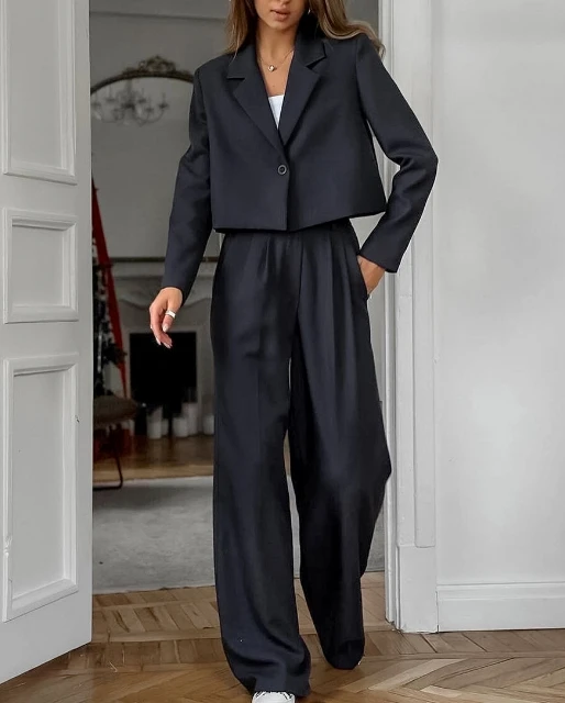 

Women's Suit Set Elegant Commuting Work Outfits Notched Collar Long Sleeve Crop Blazer Coat and High Waist Wide Leg Pants Set