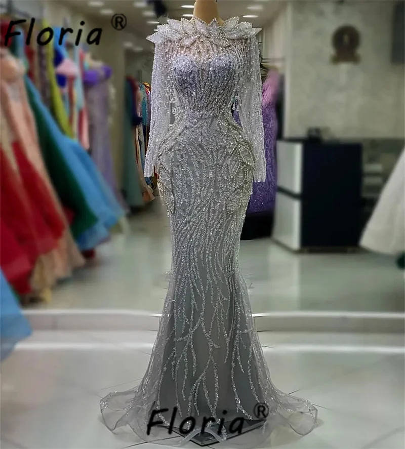 Vestido de fiesta de sirena con apliques de cristal plateado para mujer, vestido de noche de manga larga, elegante, Dubai, baile de graduación, árabe, Formal, 2024