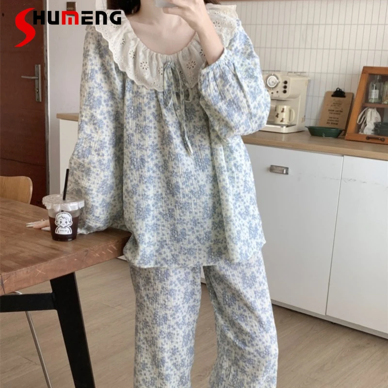النمط الياباني الفتيات الملابس الداخلية الزرقاء الأزهار جولة الرقبة الدانتيل الخريف بيجامة مجموعة الشارع ارتداء طويلة الأكمام Homewear للنساء