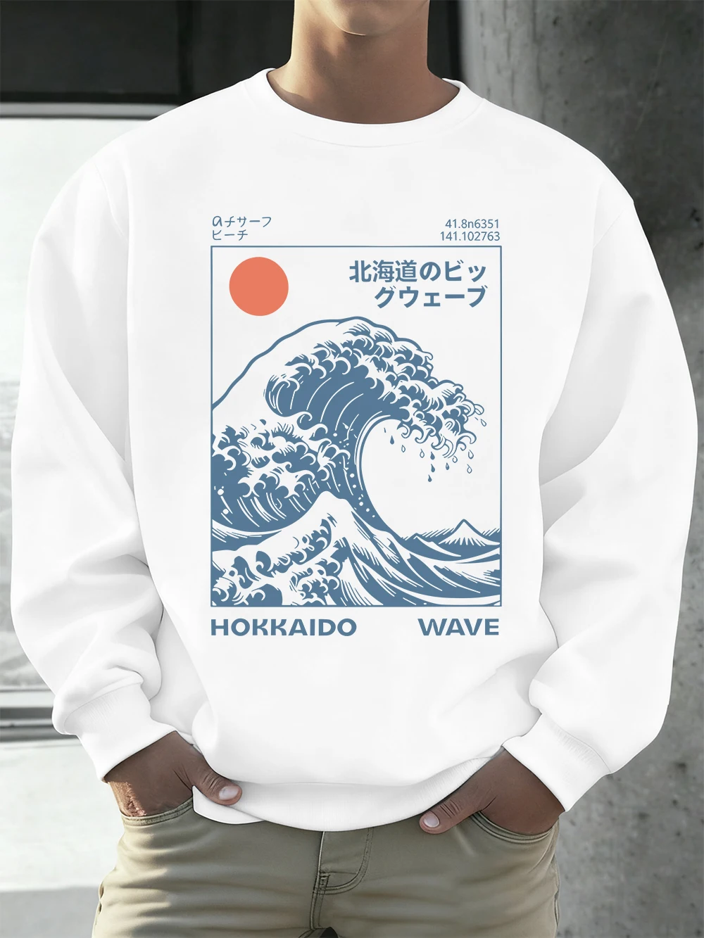 Sudaderas con estampado de olas japonesas de Hokkaido para hombre, sudadera con capucha cálida de lana para invierno, ropa deportiva holgada coreana con cuello redondo, ropa masculina de Hip Hop