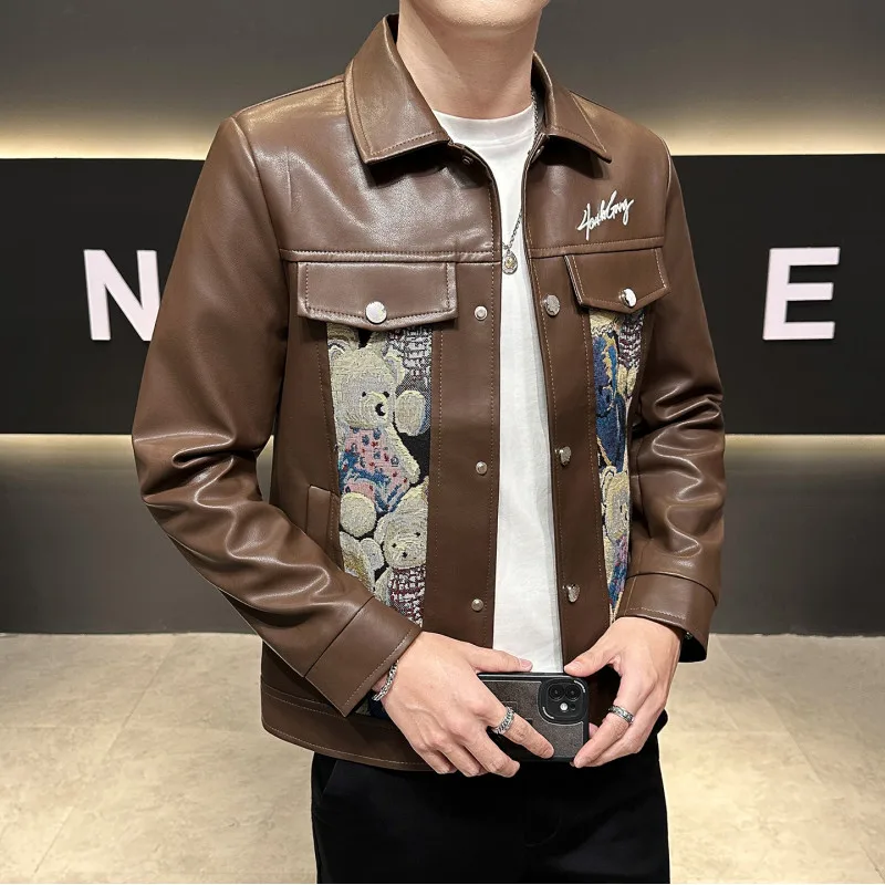 

Slim Fit Men's PU Leather Jaet Trendy Streetwear Sle Youthful Casual Long Sve Coat with kets No Brand Bear Pattern