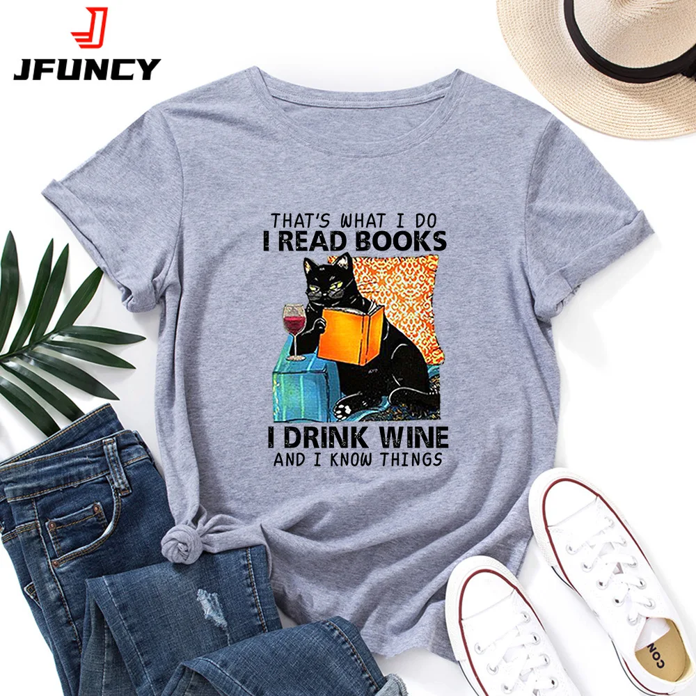 

JFUNCY Women T-shirt Female Short Sleeve T Shirt Funny Cat Print Tops Woman Loose Shirts Summer Cotton Clothes