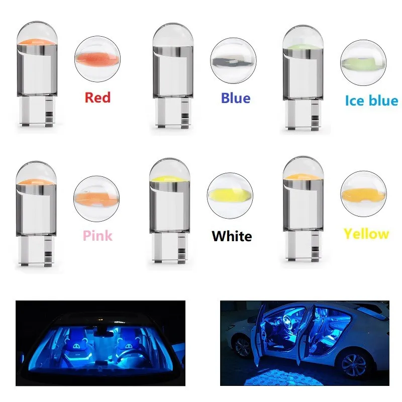 4X Super Bright W5W 194 T10 LED Glass Housing Cob Car Bulb White Red Blue Yellow Wedge License Plate Lamp Dome Tail Backup Light