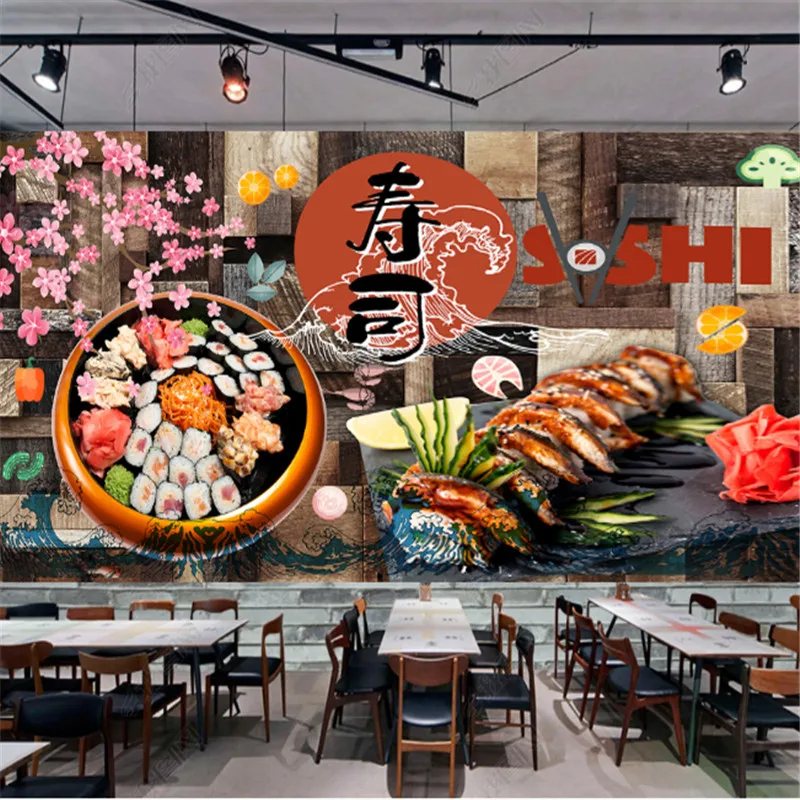 

Modern Wooden Board Japanese Sushi Wallpapers Industrial Decor Sakura Picture Restaurant Background Wall Papers Mural 3D