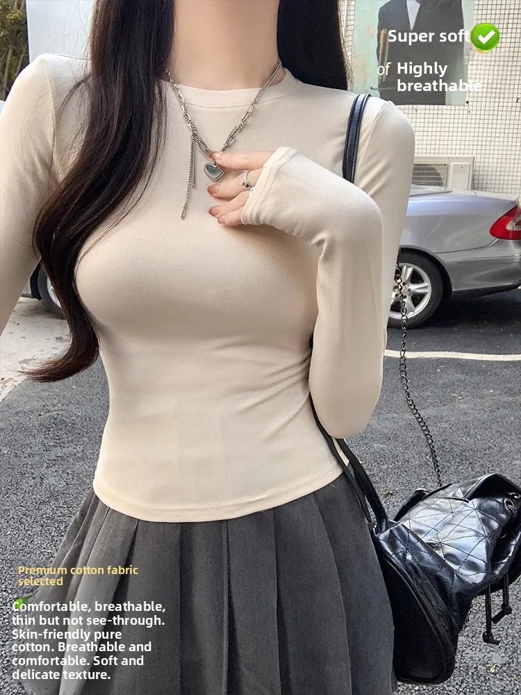 Women's Slim Fit Long Sleeve T-Shirt Inner Wear Base Shirt Waist Cinching Slimming round Neck Top Casual Style Universal Fit