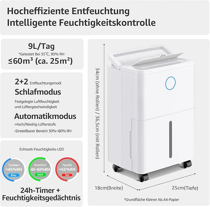 مزيل الرطوبة مع 4 أوضاع تشغيل، شاشة رقمية، خرطوم تصريف، لغرف 150 م3، إزالة الرطوبة 9 لتر/يوم